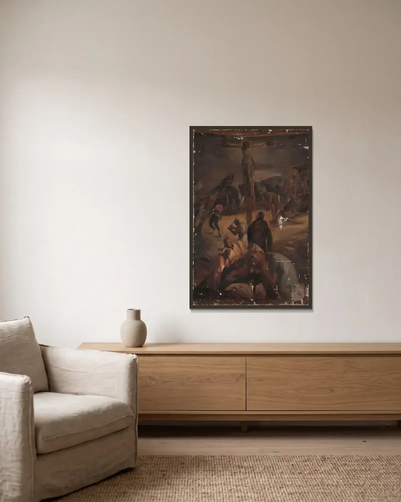 Golgotha av Jan Ciągliński inramad på en vägg