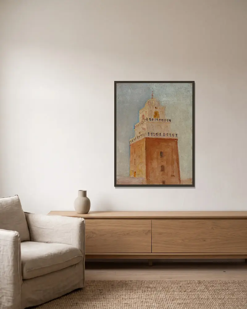 Kairouan (Das Minarett der Barbier-Moschee), 1911 – Nr. 4 von Jan Ciągliński gerahmt an einer Wand