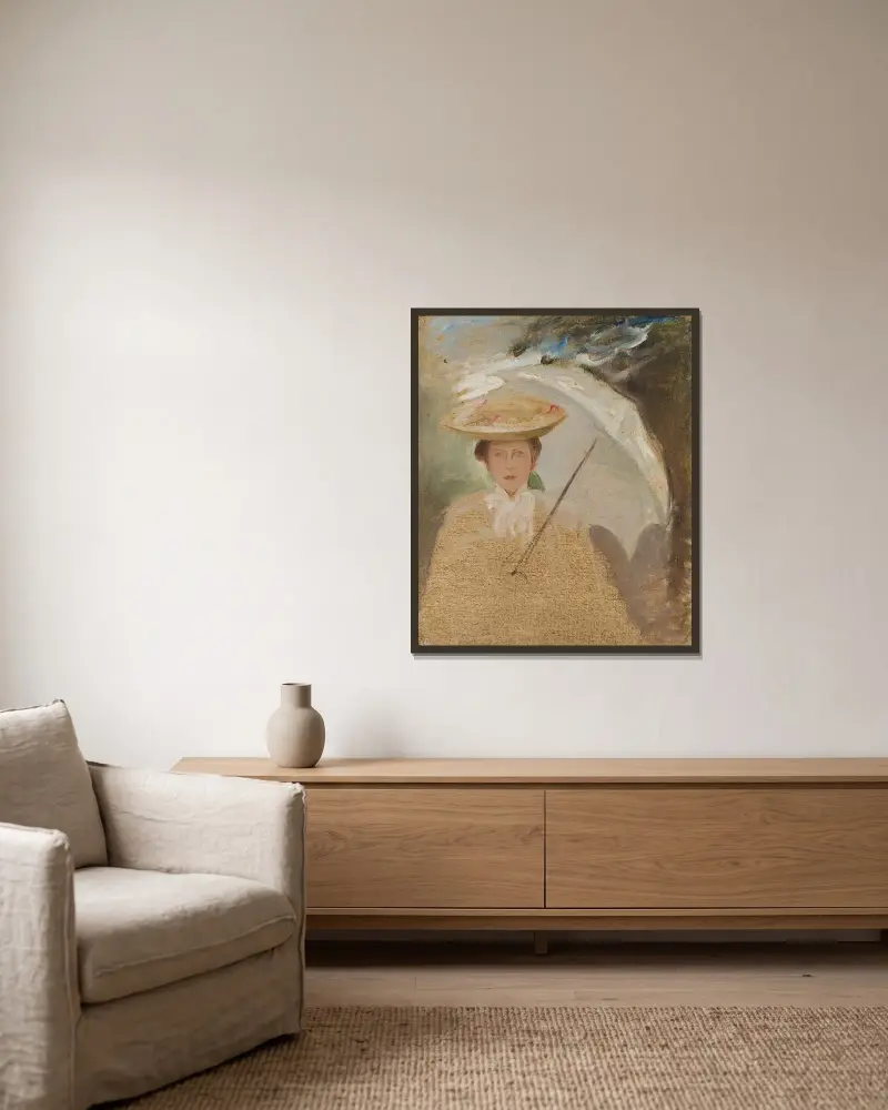 Portret kobiety z parasolką, szkic, Jan Ciągliński w ramie na ścianie