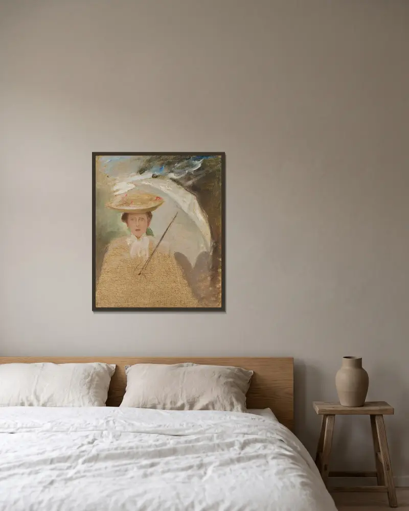 Portret kobiety z parasolką, szkic, Jan Ciągliński w ramie na ścianie