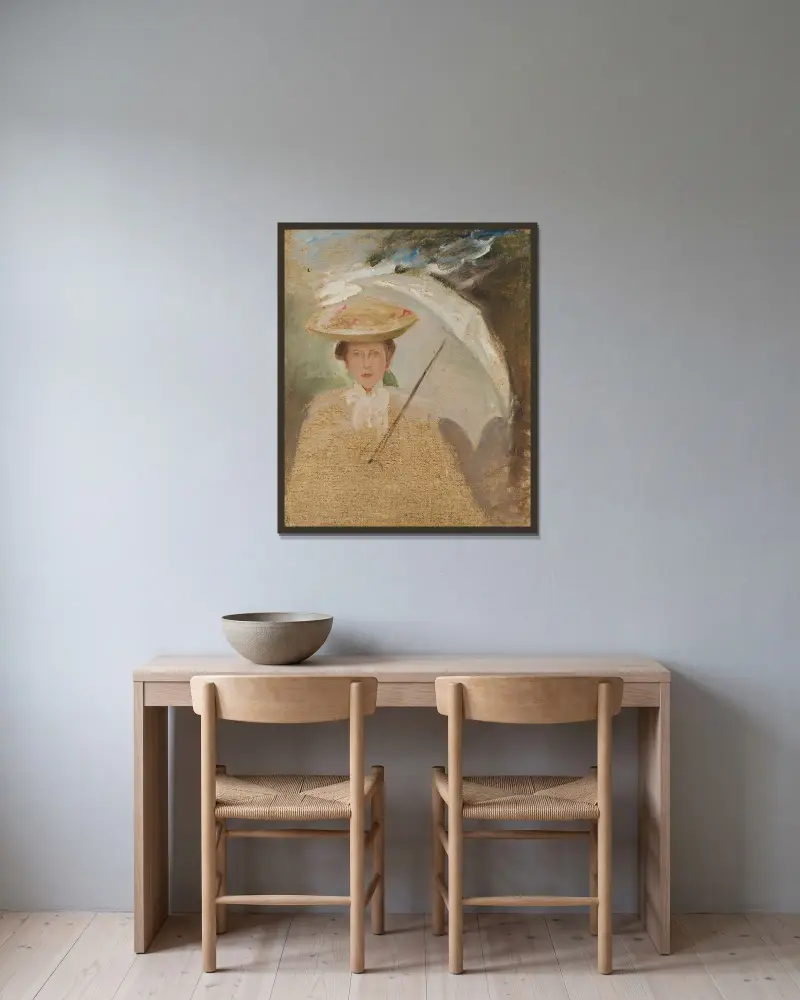 Portret kobiety z parasolką, szkic, Jan Ciągliński w ramie na ścianie