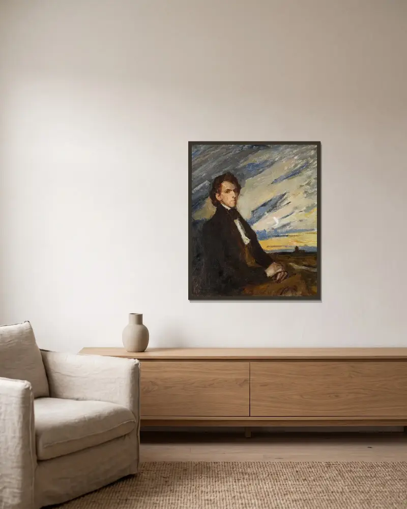 Porträtt av Fryderyk Chopin av Jan Ciągliński inramad på en vägg