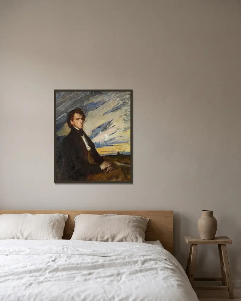 Porträtt av Fryderyk Chopin av Jan Ciągliński inramad på en vägg