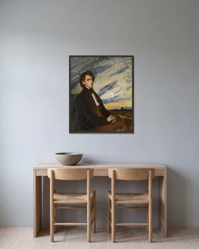 Porträtt av Fryderyk Chopin av Jan Ciągliński inramad på en vägg