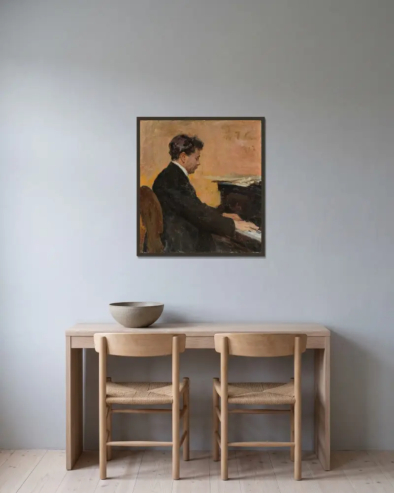 Porträtt av Józef Hofmann vid pianot av Jan Ciągliński inramad på en vägg