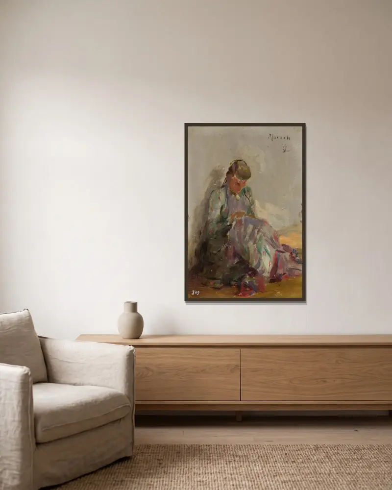 Nähendes tatarisches Mädchen von Jan Ciągliński gerahmt an einer Wand
