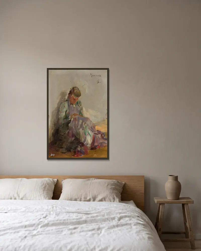 Nähendes tatarisches Mädchen von Jan Ciągliński gerahmt an einer Wand