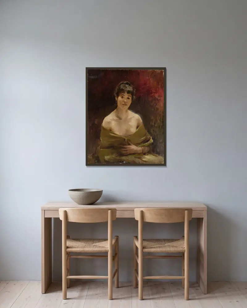 Studie av kvinnlig modell i grönt draperi av Jan Ciągliński inramad på en vägg