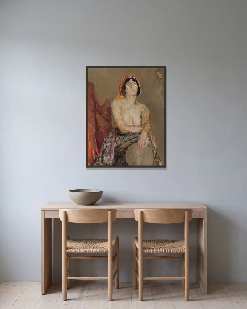 Studie av kvinnlig modell med trumma av Jan Ciągliński inramad på en vägg