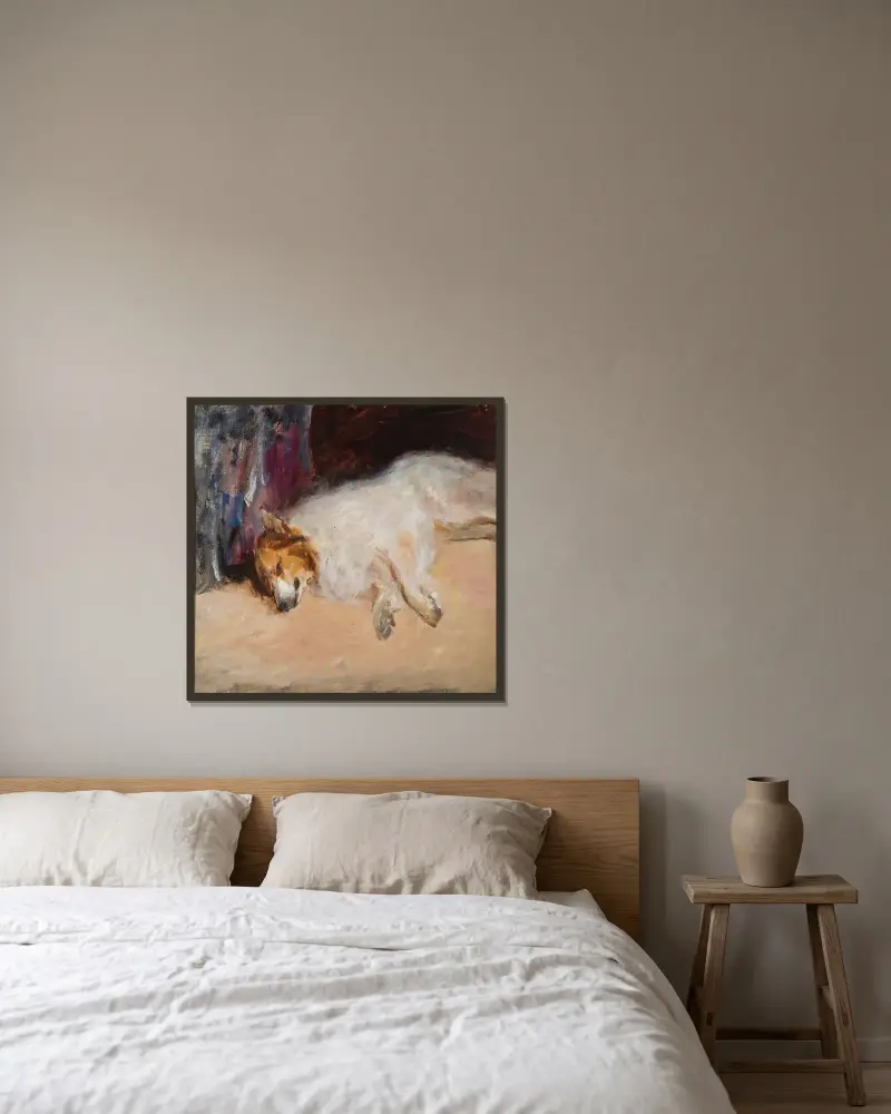 Studie av en sovande hund för ”Porträtt av furst Golitsyn” av Jan Ciągliński inramad på en vägg