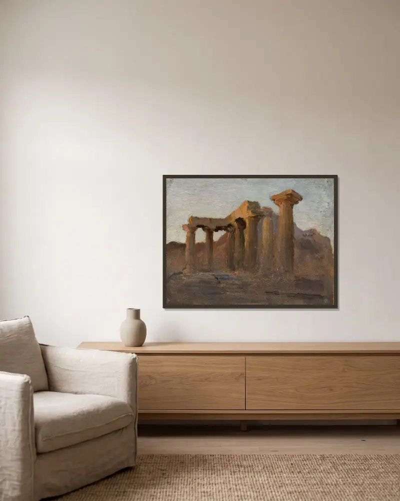 Der Apollotempel in Korinth bei Sonnenaufgang. Von der Reise nach Griechenland von Jan Ciągliński gerahmt an einer Wand