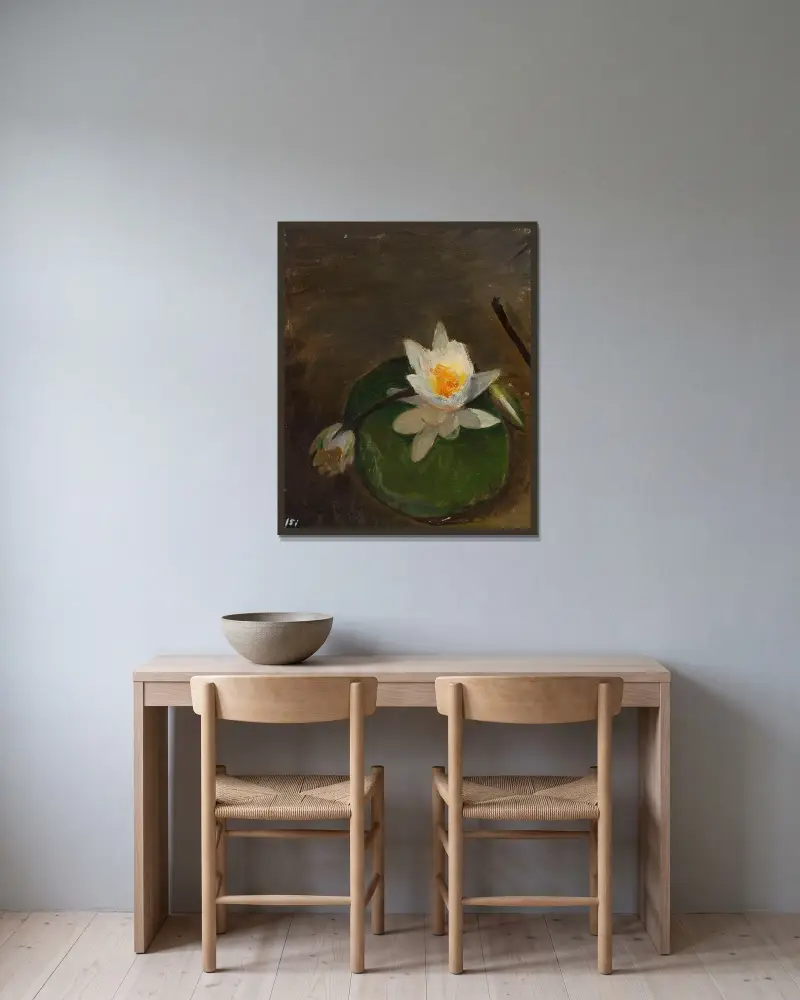 Två näckrosor på ett blad av Jan Ciągliński inramad på en vägg