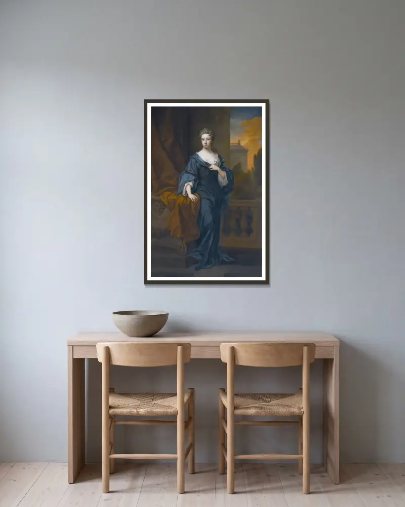 Portrait Of Elizabeth Pelham (1681-1711), First Wife Of Charles, 2nd Viscount Townshend av Sir Godfrey Kneller inramad på en vägg