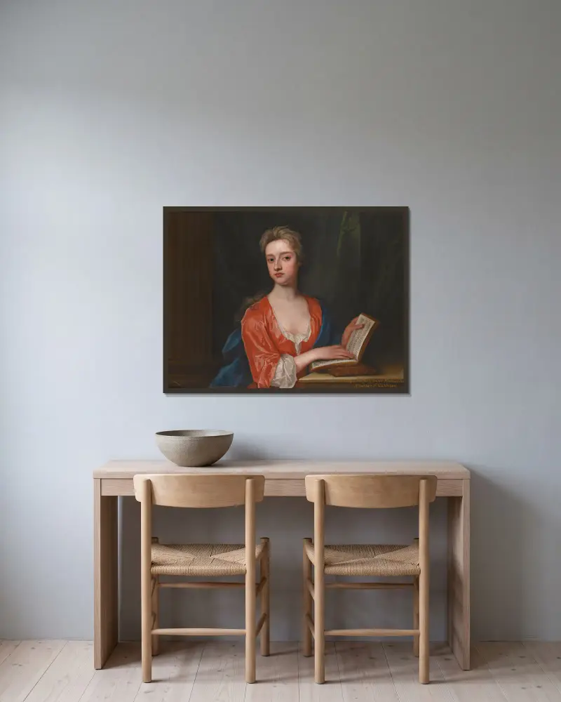 Portrait of Lady Elizabeth Bruce (D.1745) av Sir Godfrey Kneller inramad på en vägg