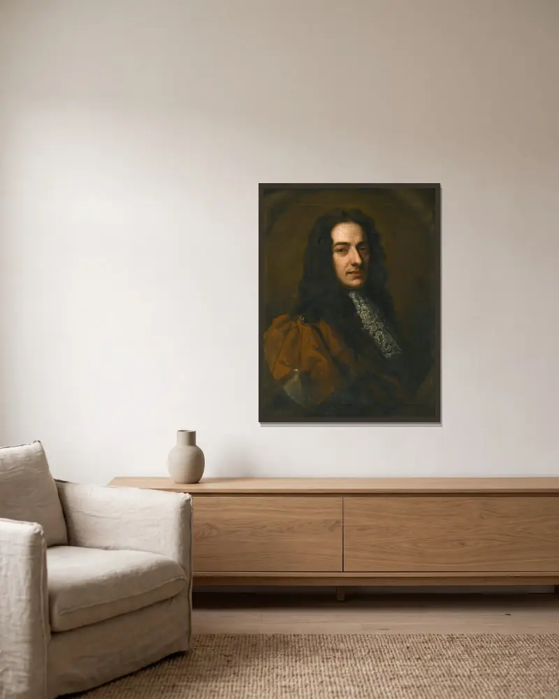 Portrait Of Nicola Matteis (C.1640-1714) av Sir Godfrey Kneller inramad på en vägg