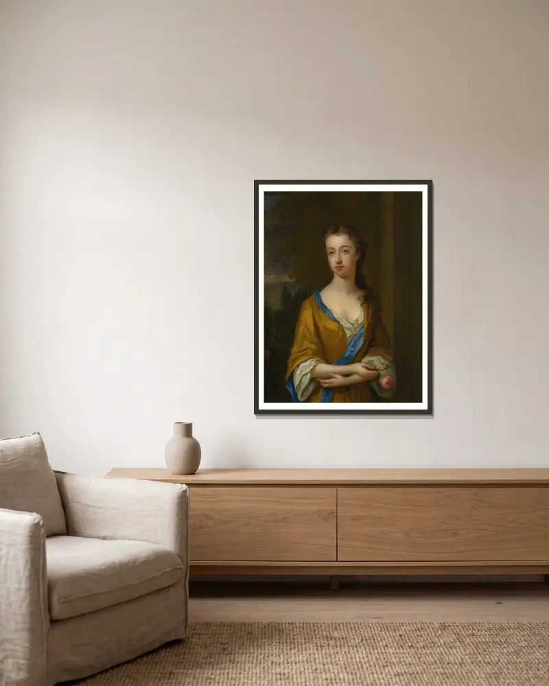 Portrait Of The Duchess Of Newcastle av Sir Godfrey Kneller inramad på en vägg