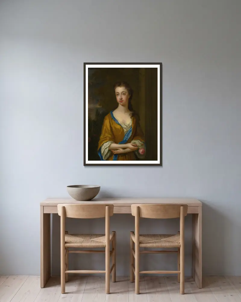Portrait Of The Duchess Of Newcastle av Sir Godfrey Kneller inramad på en vägg