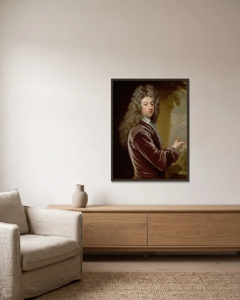 Portrait of William Congreve av Sir Godfrey Kneller inramad på en vägg