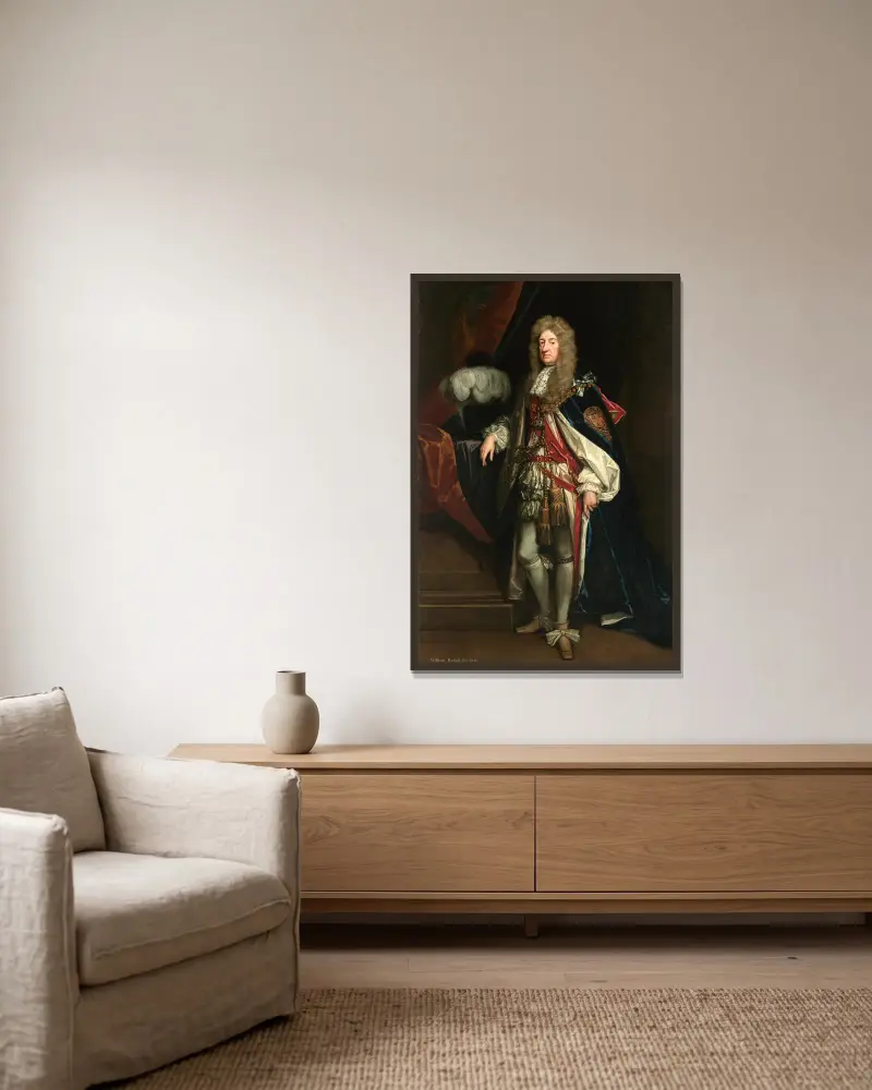 Portrait of William Russell, 1st Duke of Bedford (1616-1700) av Sir Godfrey Kneller inramad på en vägg