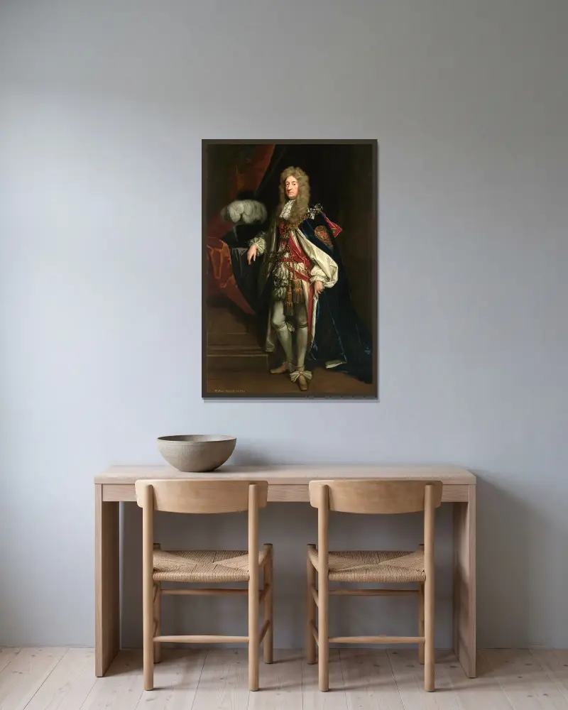 Portrait of William Russell, 1st Duke of Bedford (1616-1700) av Sir Godfrey Kneller inramad på en vägg