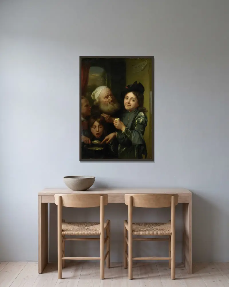 ‘Every one his fancy’ av Godfried Schalcken inramad på en vägg