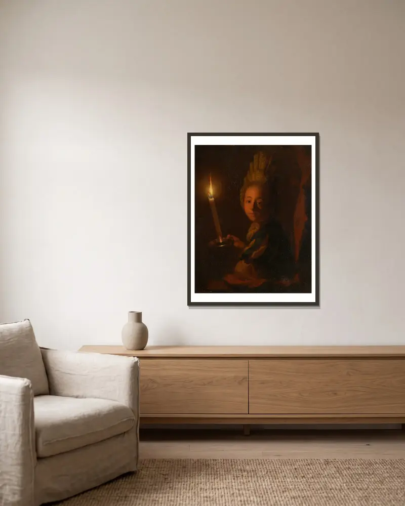 Girl with Burning Candle av Godfried Schalcken inramad på en vägg