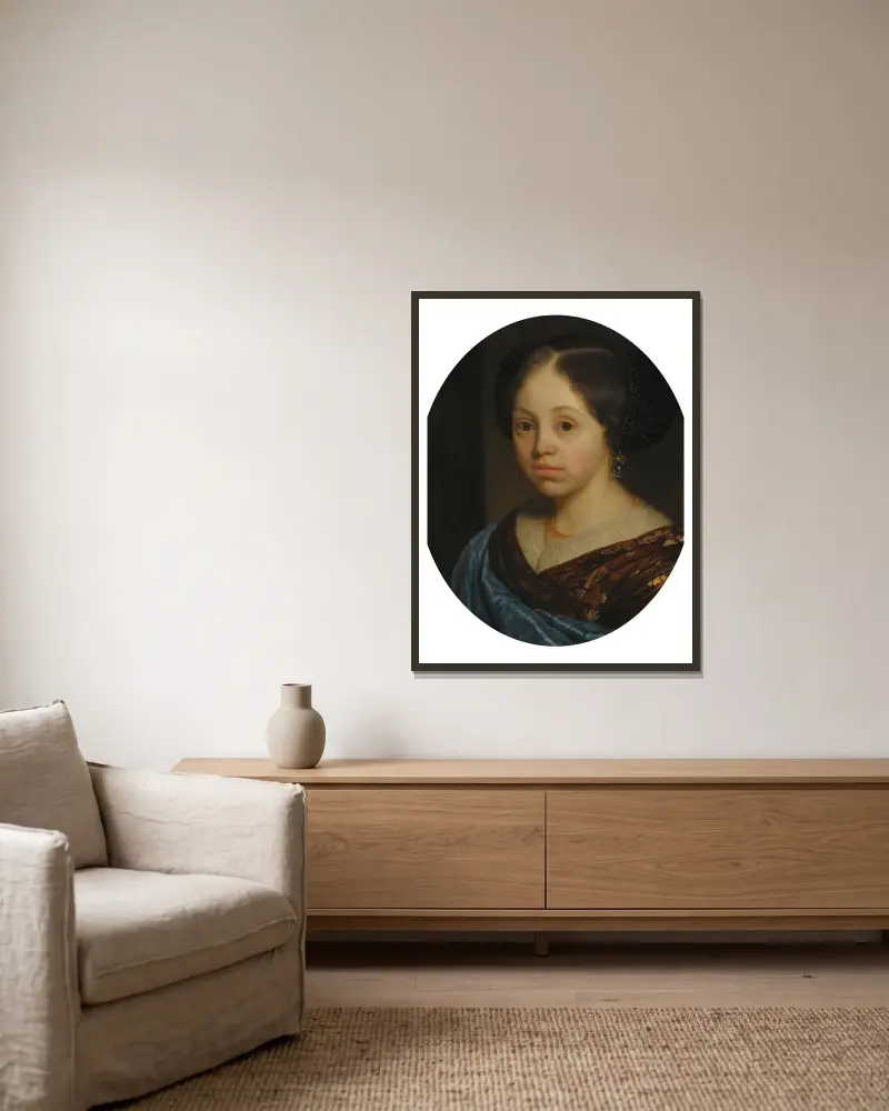 Porträtt av en flicka av Godfried Schalcken inramad på en vägg