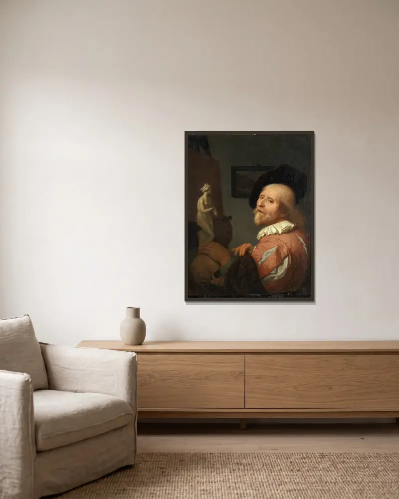 Portrait of an Artist in His Studio av Godfried Schalcken inramad på en vägg