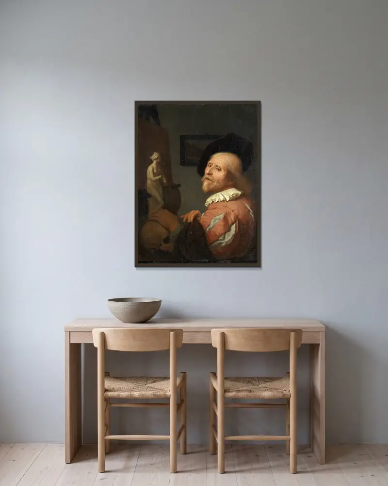 Portrait of an Artist in His Studio av Godfried Schalcken inramad på en vägg