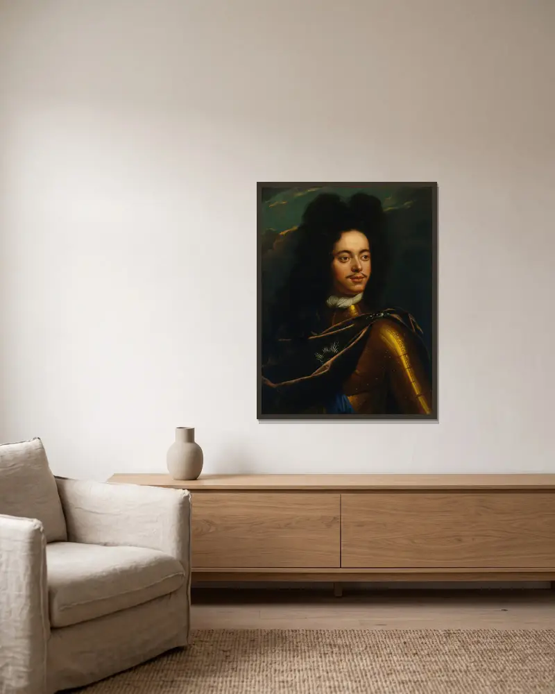 Portrait of Peter I of Russia av Godfried Schalcken inramad på en vägg