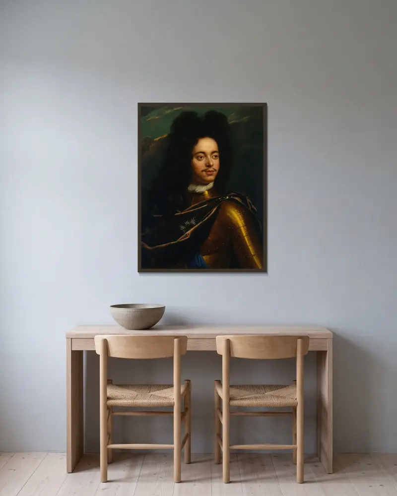 Portrait of Peter I of Russia av Godfried Schalcken inramad på en vägg
