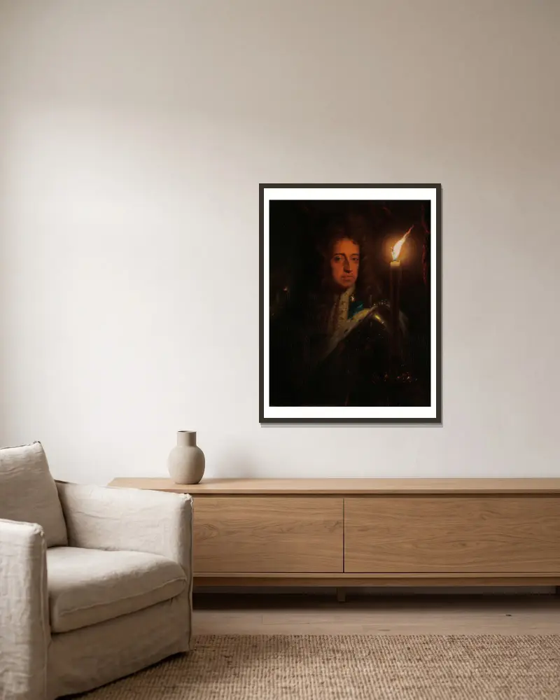Portrait of William III (1650-1702), Prince of Orange, Stadholder and from 1689 on, King of England av Godfried Schalcken inramad på en vägg