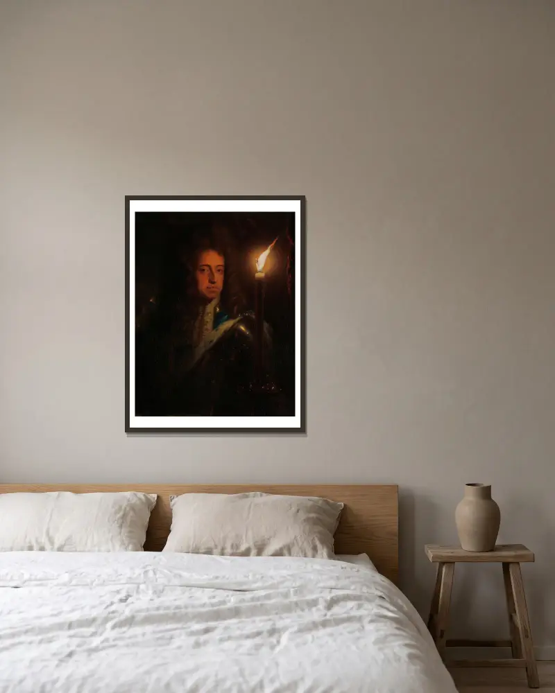 Portrait of William III (1650-1702), Prince of Orange, Stadholder and from 1689 on, King of England av Godfried Schalcken inramad på en vägg