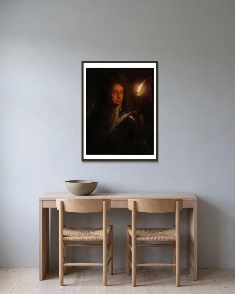 Portrait of William III (1650-1702), Prince of Orange, Stadholder and from 1689 on, King of England av Godfried Schalcken inramad på en vägg