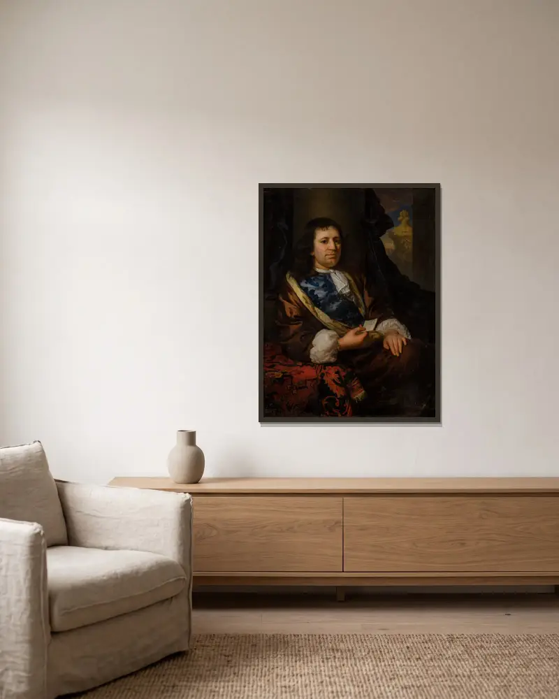 Porträtt av Johan de Bruin (1678–1746) av Godfried Schalcken inramad på en vägg