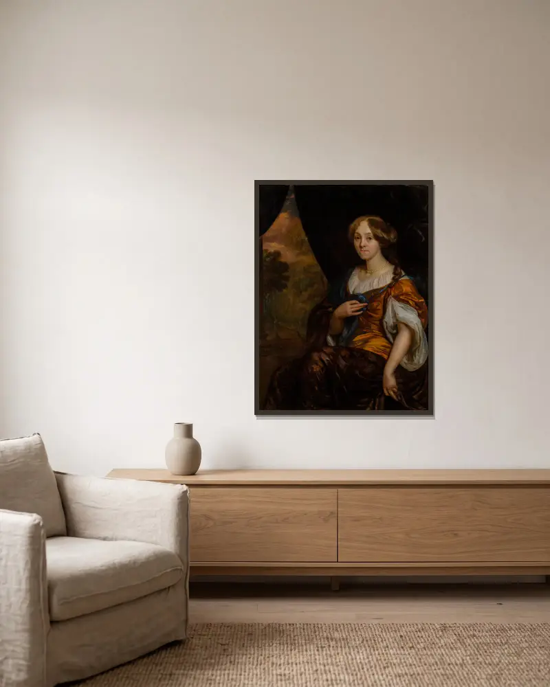 Portret van Maria Vingerhoed av Godfried Schalcken inramad på en vägg