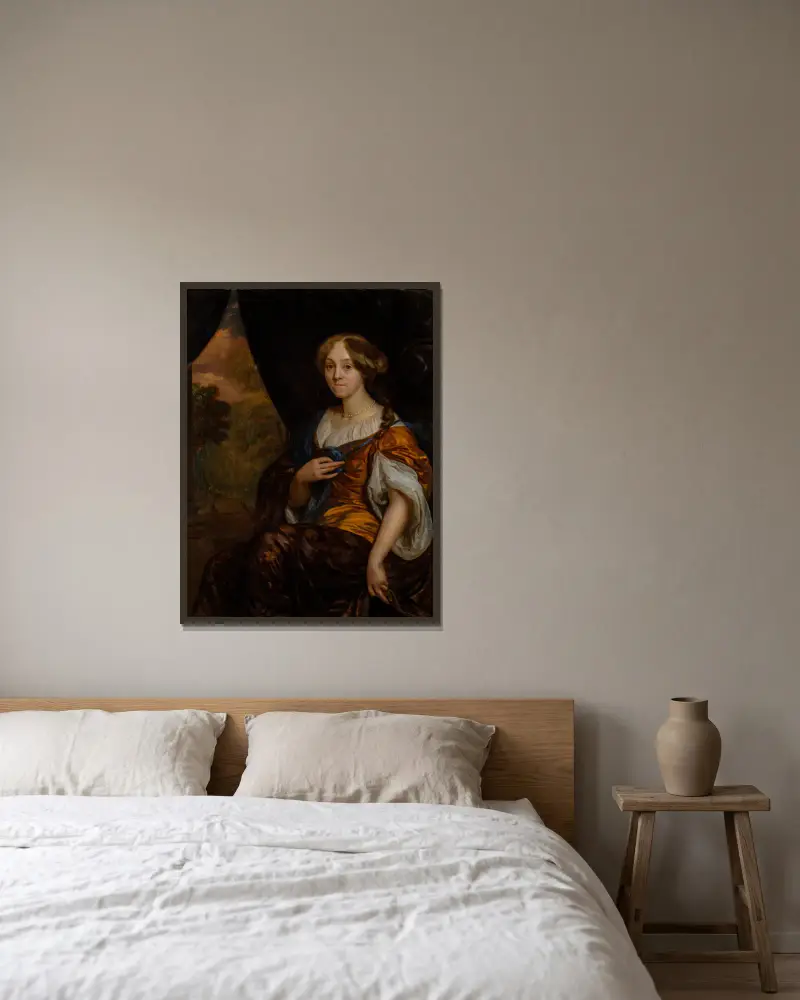 Portret van Maria Vingerhoed av Godfried Schalcken inramad på en vägg