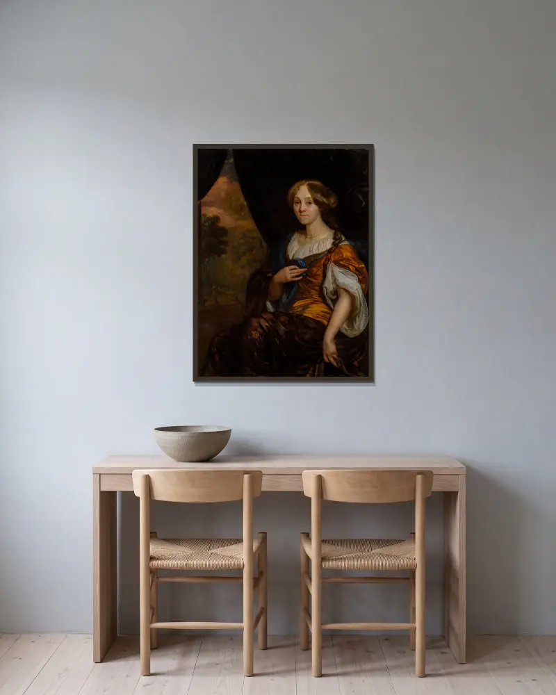 Portret van Maria Vingerhoed av Godfried Schalcken inramad på en vägg