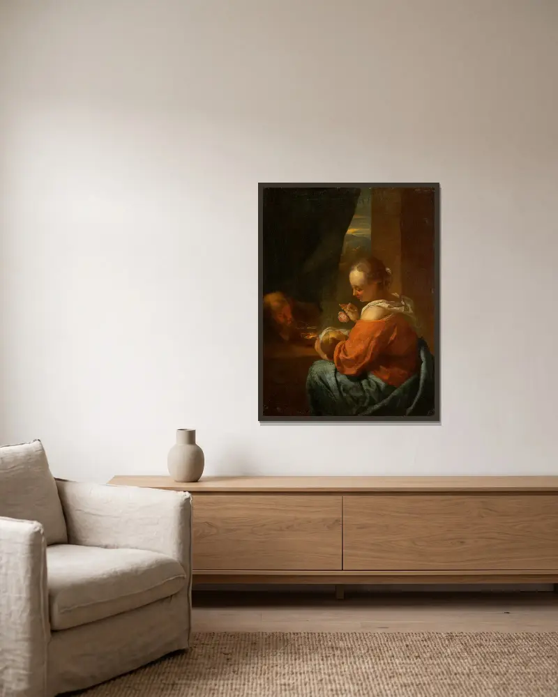 The Holy Family av Godfried Schalcken inramad på en vägg