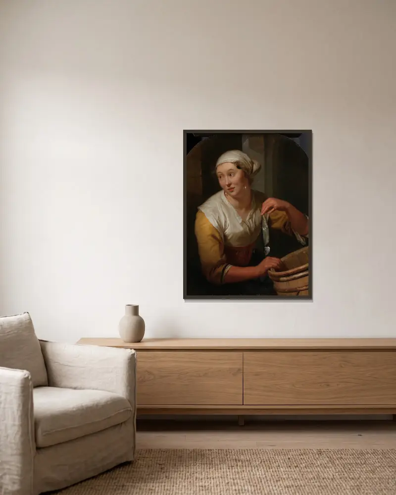 Woman Selling Herrings av Godfried Schalcken inramad på en vägg