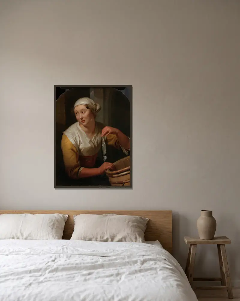 Woman Selling Herrings av Godfried Schalcken inramad på en vägg