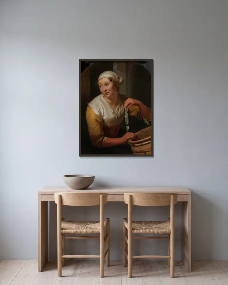 Woman Selling Herrings av Godfried Schalcken inramad på en vägg