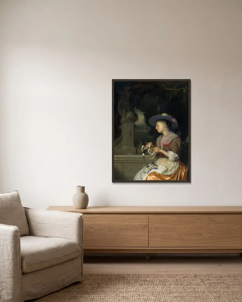 Kvinna som flätar en blomsterkrans av Godfried Schalcken inramad på en vägg