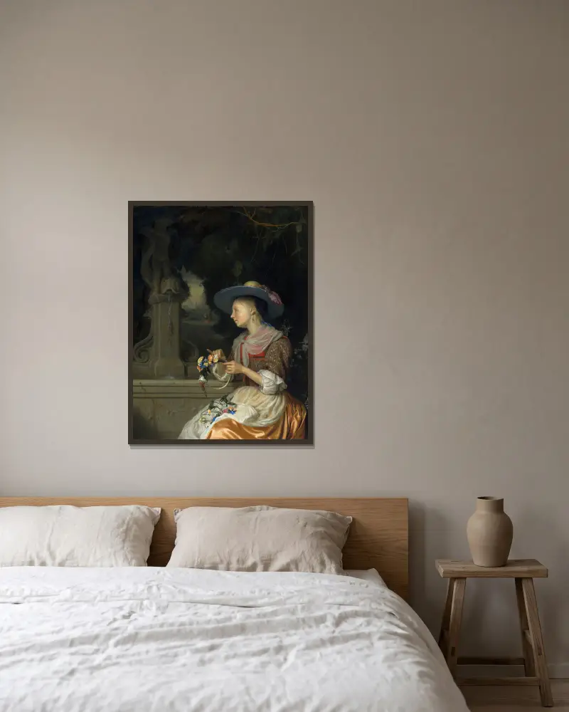 Kvinna som flätar en blomsterkrans av Godfried Schalcken inramad på en vägg