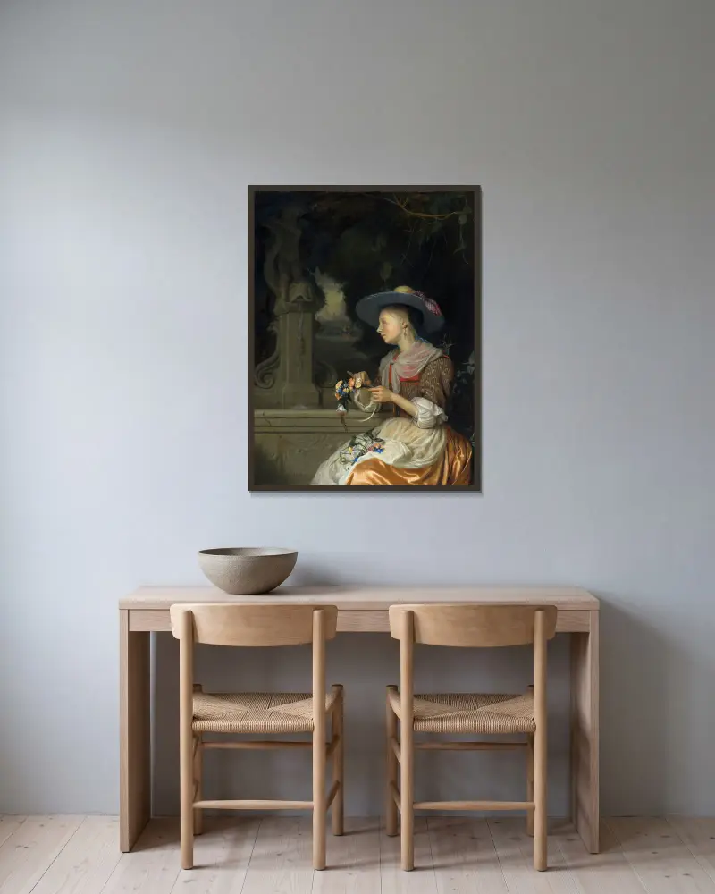 Kvinna som flätar en blomsterkrans av Godfried Schalcken inramad på en vägg