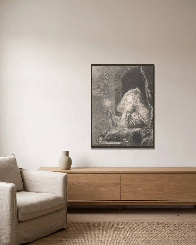 Ung kvinna sittande vid ett bord med ett ljus av Godfried Schalcken inramad på en vägg