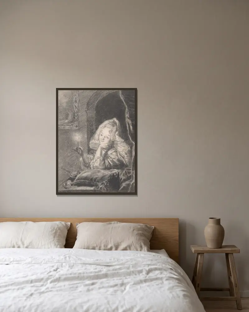 Ung kvinna sittande vid ett bord med ett ljus av Godfried Schalcken inramad på en vägg