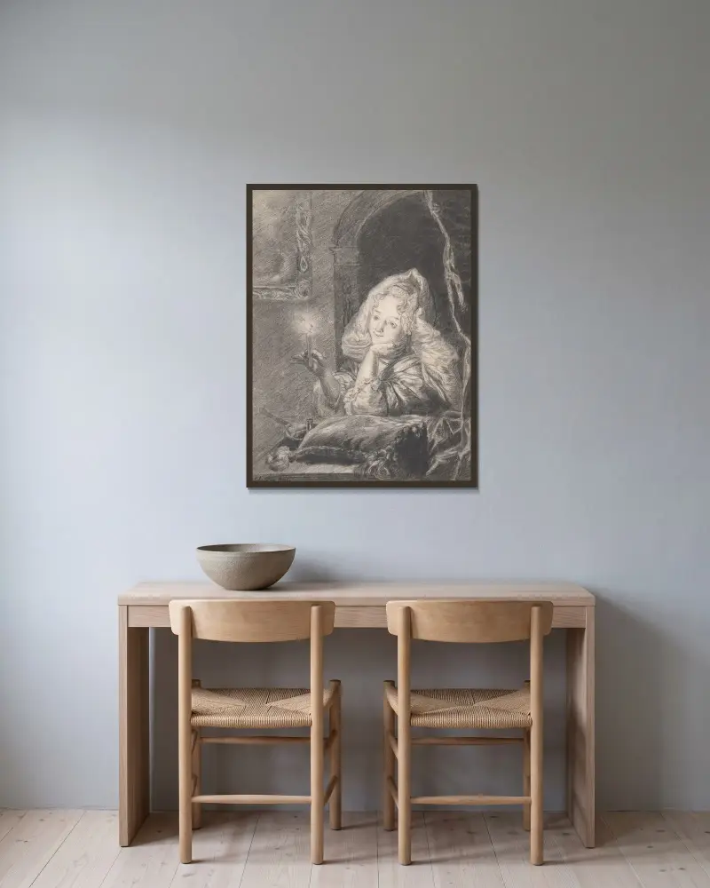 Ung kvinna sittande vid ett bord med ett ljus av Godfried Schalcken inramad på en vägg