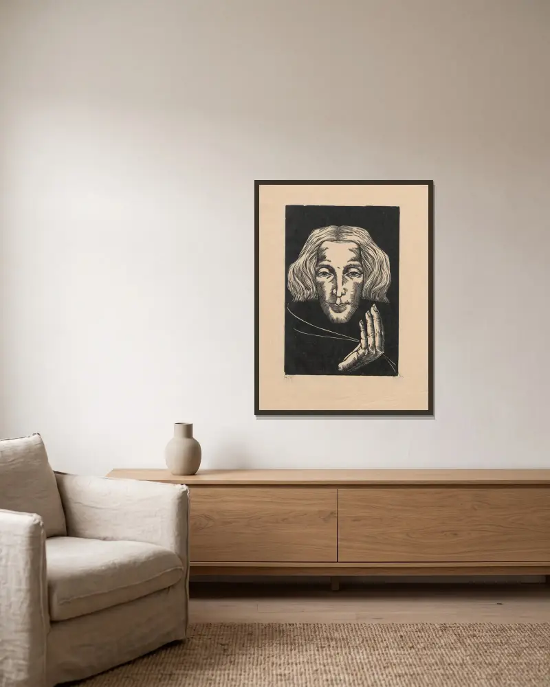 Kopf (Selbstporträt) von Wiktoria Goryńska gerahmt an einer Wand