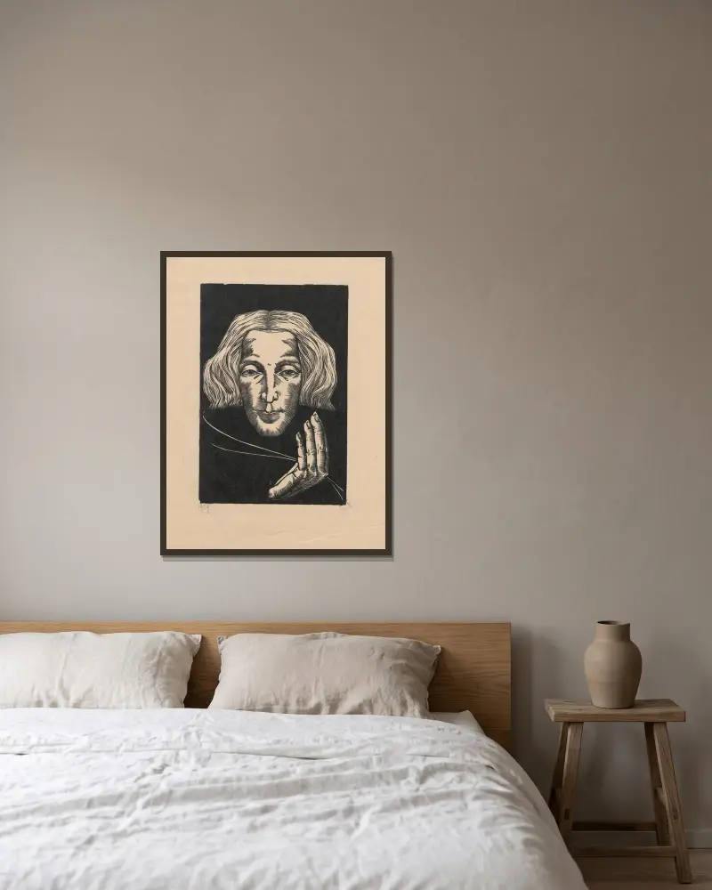 Kopf (Selbstporträt) von Wiktoria Goryńska gerahmt an einer Wand